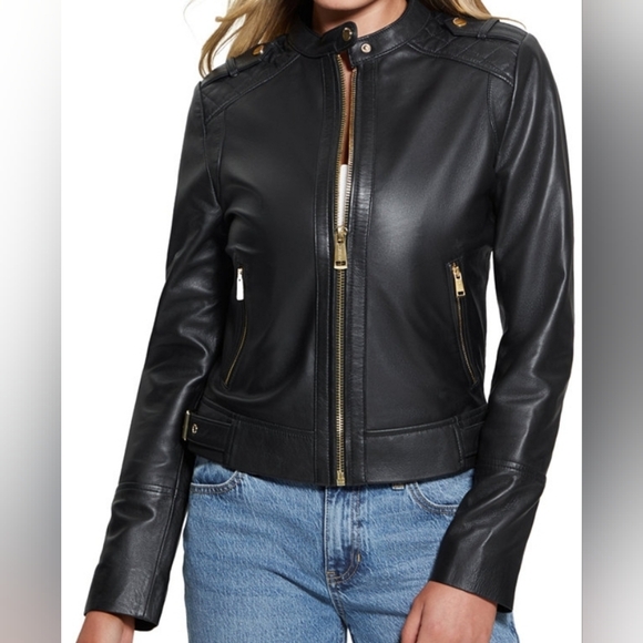 GUESS Women's Quilted Shoulder Leather Moto Coat - Picture 3 of 8